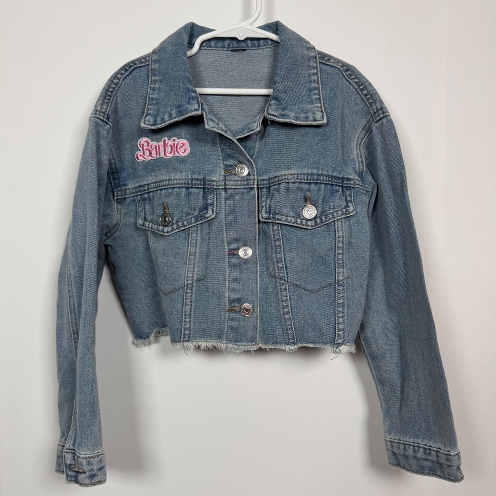 Barbie Girls 10Y Kids Crop Denim Jacket Pink Silhouette Patch Pop Culture Edgy